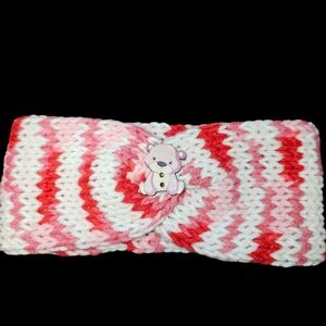 Pink and Red Knitted Headband with Bear Design